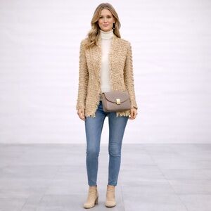 Calvin Klein Cream Tan Teddy Fuzzy Textured Cardigan Sweater Jacket